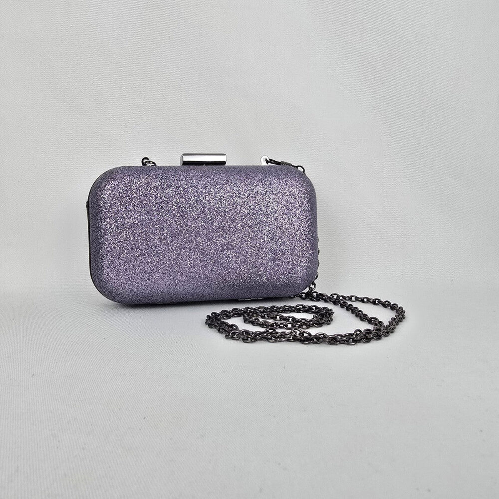 Glitter Hard Case Evening Clutch Purple Silver Chain Strap Formal Bag